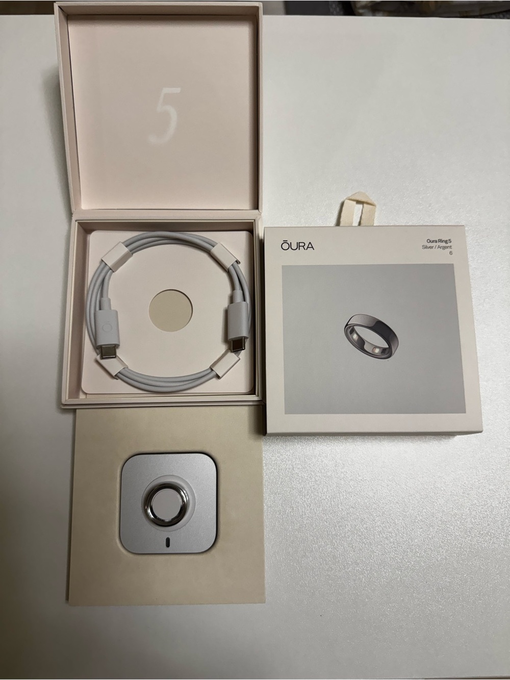 Oura Gen 5 Silver USB-C Cable and Silver Charging Dock